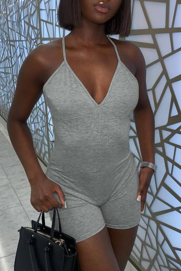 Grey Sexy Casual Solid Backless Spaghetti Strap Skinny Romper