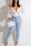 Light Blue Fashion Casual Solid Split Joint Shirt Collar Tops