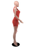 Red Fashion Casual Solid Draw String Fold O Neck Sleeveless Two Pieces
