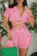 Pink Fashion Casual Solid Bandage Patchwork Turndown Collar Short Sleeve Two Pieces