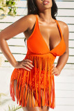 Rose Red Fashion Sexy Solid Tassel Backless Swimwears (With Paddings）