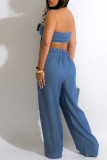 Light Blue Fashion Sexy Solid Backless Strapless Sleeveless Two Pieces