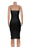 Black Sexy Solid Hollowed Out Patchwork Strapless Pencil Skirt Dresses