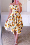 Yellow Casual Sweet Print Split Joint Fold Asymmetrical Off the Shoulder Irregular Dress Dresses