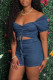Dark Blue Fashion Casual Solid Hollowed Out Draw String V Neck Skinny Denim Romper