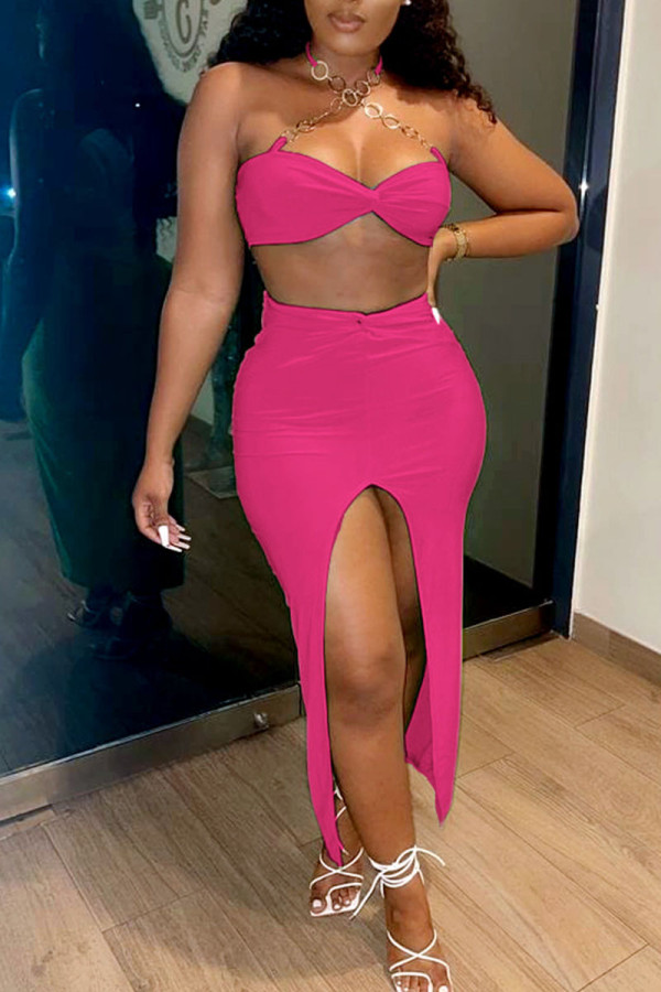 Rose Red Sexy Solid Patchwork Chains Slit Knotted Halter Sleeveless Two Pieces