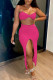 Rose Red Sexy Solid Patchwork Chains Slit Knotted Halter Sleeveless Two Pieces