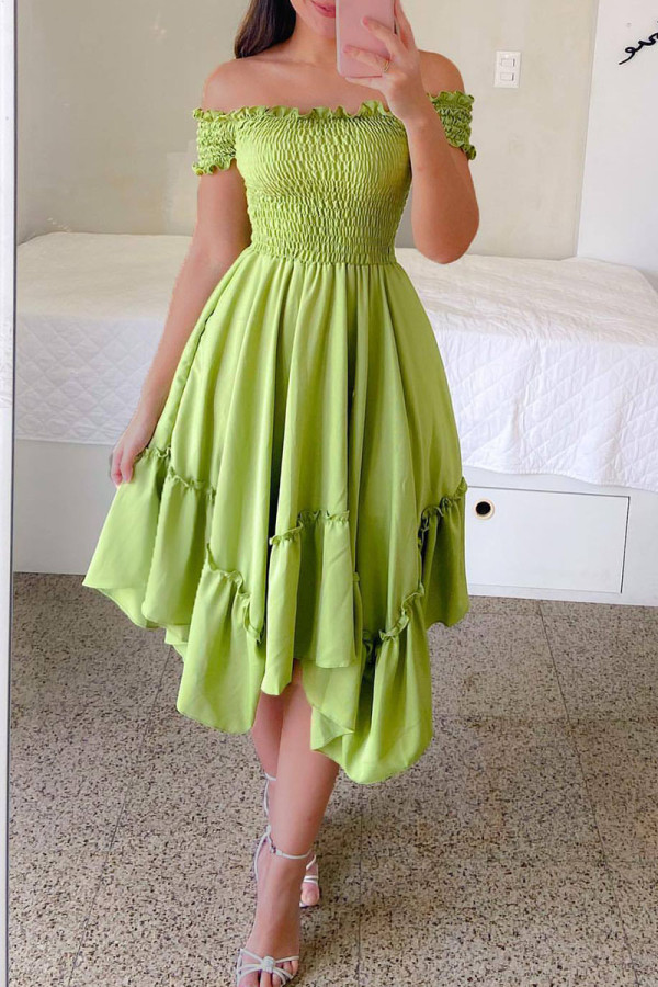 Green Casual Sweet Solid Patchwork Flounce Fold Asymmetrical Off the Shoulder A Line Dresses
