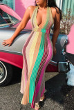 Pink Sexy Striped Print Patchwork Halter One Step Skirt Dresses