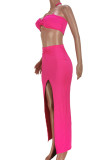 Rose Red Sexy Solid Patchwork Chains Slit Knotted Halter Sleeveless Two Pieces