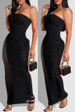 Blue Fashion Sexy Solid Hollowed Out Patchwork Backless One Shoulder Long Dress