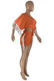 Orange Fashion Casual Solid Tassel Patchwork Frenulum V Neck Half Sleeve Two Pieces