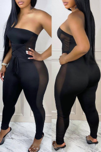 Black Sexy Solid Bandage Split Joint See-through Strapless Regular Jumpsuits