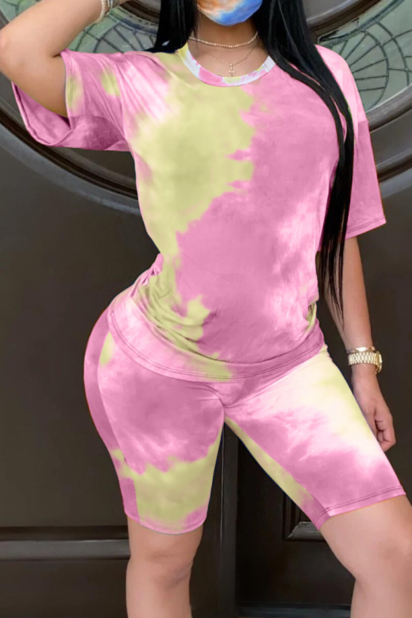 Pink Casual Patchwork Tie-dye O Neck Short Sleeve Two Pieces