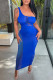 Blue Fashion Sexy Solid Hollowed Out Patchwork Backless One Shoulder Long Dress