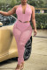 Pink Fashion Sexy Solid Bandage See-through Backless Halter Sleeveless Two Pieces