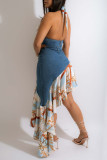 Blue Fashion Sexy Print Patchwork Flounce Asymmetrical Halter Sleeveless Two Pieces