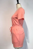 Pink Casual Solid Split Joint V Neck Short Sleeve Two Pieces