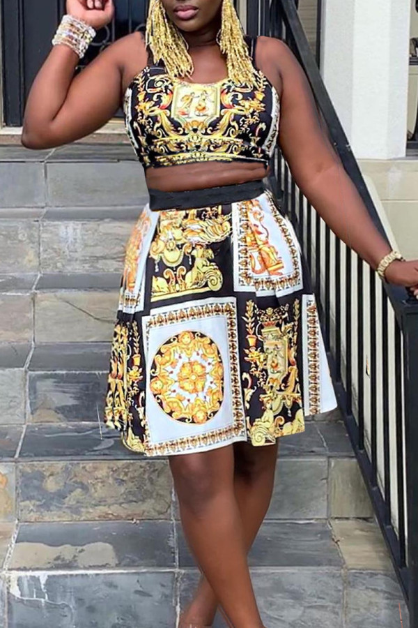Yellow Fashion Casual Print Basic O Neck Sleeveless Two Pieces