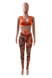 Coffee Fashion Sexy Print Bandage V Neck Sleeveless Two Pieces