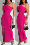 Blue Fashion Sexy Solid Hollowed Out Patchwork Backless One Shoulder Long Dress