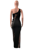 Blue Fashion Sexy Solid Hollowed Out Patchwork Backless One Shoulder Long Dress