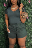 Pink Casual Solid Patchwork V Neck Short Sleeve Two Pieces