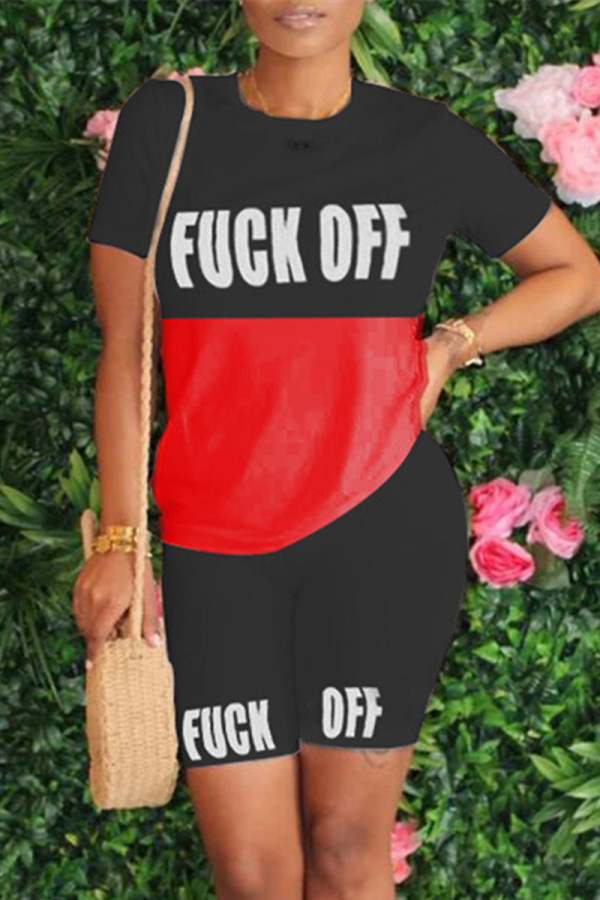 Black Fashion Sweet Letter Print Patchwork O Neck Short Sleeve Two Pieces