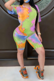 Pink Casual Patchwork Tie-dye O Neck Short Sleeve Two Pieces