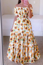 Yellow Casual Sweet Print Patchwork Fold Off the Shoulder Printed Dress Dresses