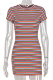 Multicolor Sexy Striped Patchwork O Neck Pencil Skirt Dresses