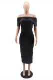 Black Fashion Casual Solid Split Joint Off the Shoulder Short Sleeve Dress