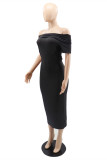 Black Fashion Casual Solid Split Joint Off the Shoulder Short Sleeve Dress
