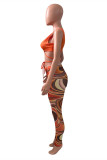 Coffee Fashion Sexy Print Bandage V Neck Sleeveless Two Pieces