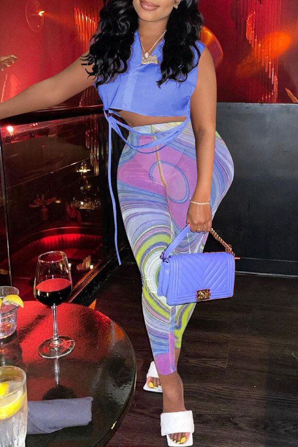 Blue Fashion Casual Print Bandage Turndown Collar Sleeveless Two Pieces