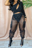 Black Sexy Solid Mesh Harlan Mid Waist Harlan Solid Color Bottoms