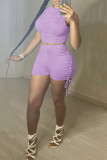 Purple Fashion Casual Solid Draw String Fold O Neck Sleeveless Two Pieces