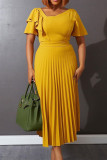 Yellow Casual Solid Patchwork Flounce Fold Asymmetrical Collar Straight Dresses