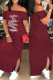 Burgundy Fashion Casual Print Letter Off the Shoulder One Step Skirt Dresses