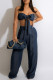 Dark Blue Fashion Sexy Solid Backless Strapless Sleeveless Two Pieces