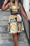 Yellow Fashion Casual Print Basic O Neck Sleeveless Two Pieces