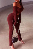 Red Fashion Casual Solid Backless Slit Off the Shoulder Long Sleeve Two Pieces