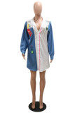 White Fashion Casual Print Patchwork Turndown Collar Long Sleeves Shirt Dress
