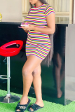 Multicolor Sexy Striped Patchwork O Neck Pencil Skirt Dresses