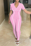 Pink Casual Solid Patchwork Zipper Collar Regular Jumpsuits