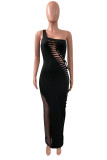 Blue Fashion Sexy Solid Hollowed Out Patchwork Backless One Shoulder Long Dress