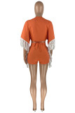 Orange Fashion Casual Solid Tassel Patchwork Frenulum V Neck Half Sleeve Two Pieces
