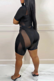 Black Sexy Solid Mesh O Neck Short Sleeve Two Pieces