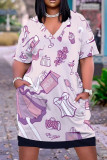 White Purple Fashion Casual Print Basic V Neck Short Sleeve Dress