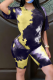 Black Yellow Casual Patchwork Tie-dye O Neck Short Sleeve Two Pieces